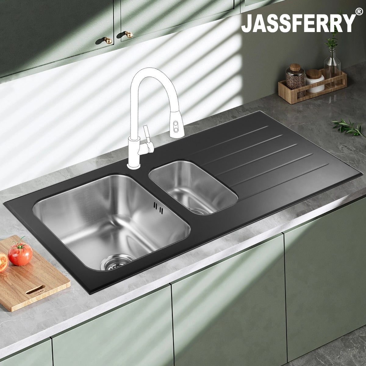 JassferryJASSFERRY Black Glass Top Kitchen Sink Stainless Steel 1.5 Bowl Righthand DrainerKitchen Sinks