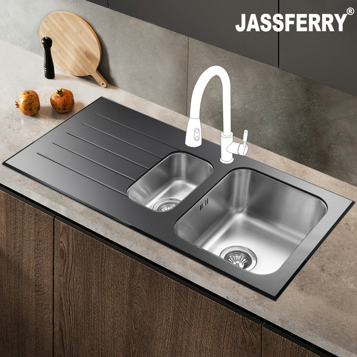 JassferryJASSFERRY Black Glass Top Kitchen Sink Stainless Steel 1.5 Bowl Lefthand DrainerKitchen Sink