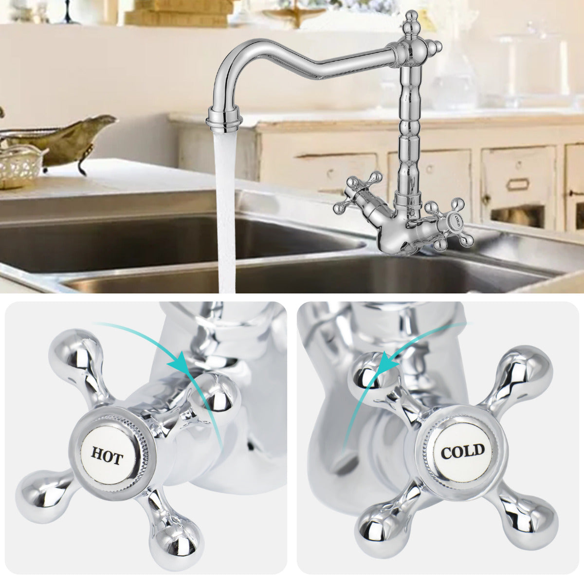 JassferryJASSFERRY New Vintage Monobloc Kitchen Sink Mixer Tap Swivel Spout French CrossKitchen taps