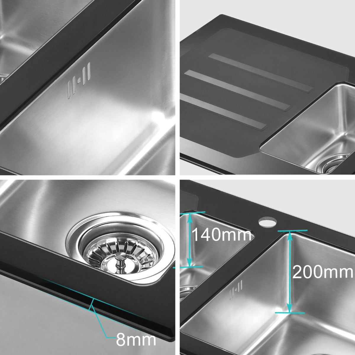 JassferryJASSFERRY Kitchen Sink Stainless Steel 1.5 Bowl Black Glass Lefthand DrainerKitchen Sinks