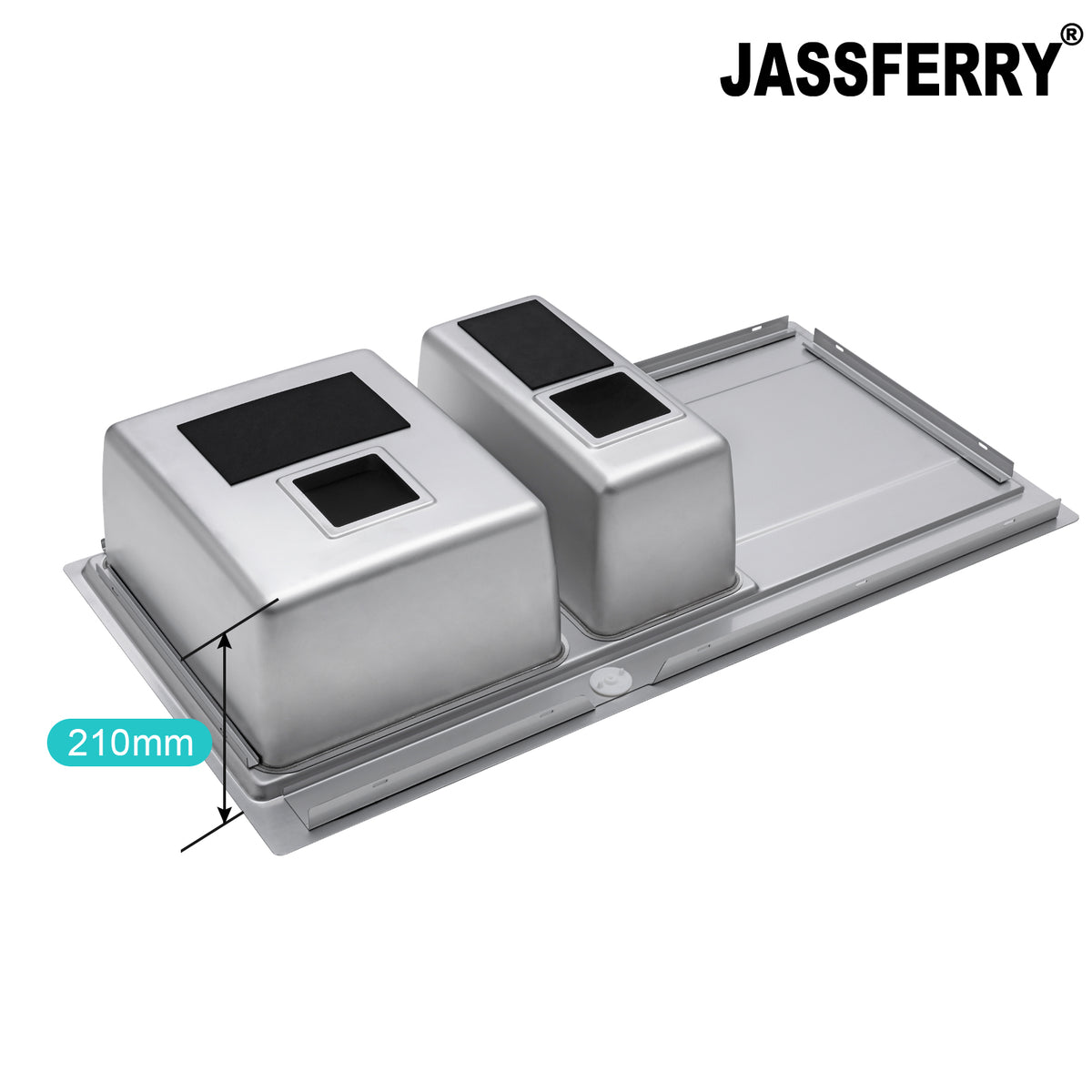 JASSFERRY Stainless Steel Kitchen Sink, 1.5 Bowl Right Hand Drainer, Square Strainer, 1000 x 520mm