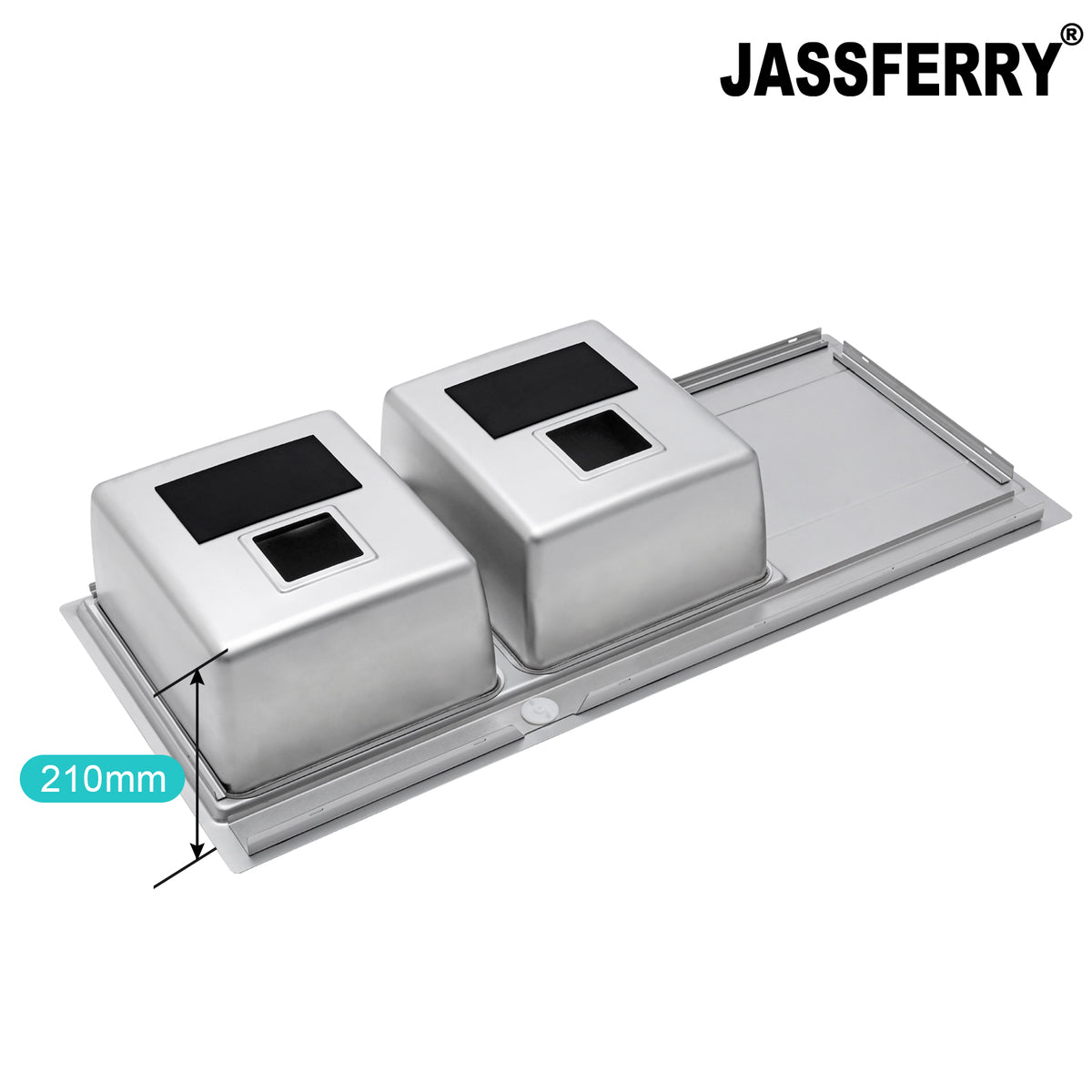 JASSFERRY Stainless Steel Kitchen Sink, 2 Bowl Right Hand Drainer, Square Strainer, 1160 x 520mm -699L