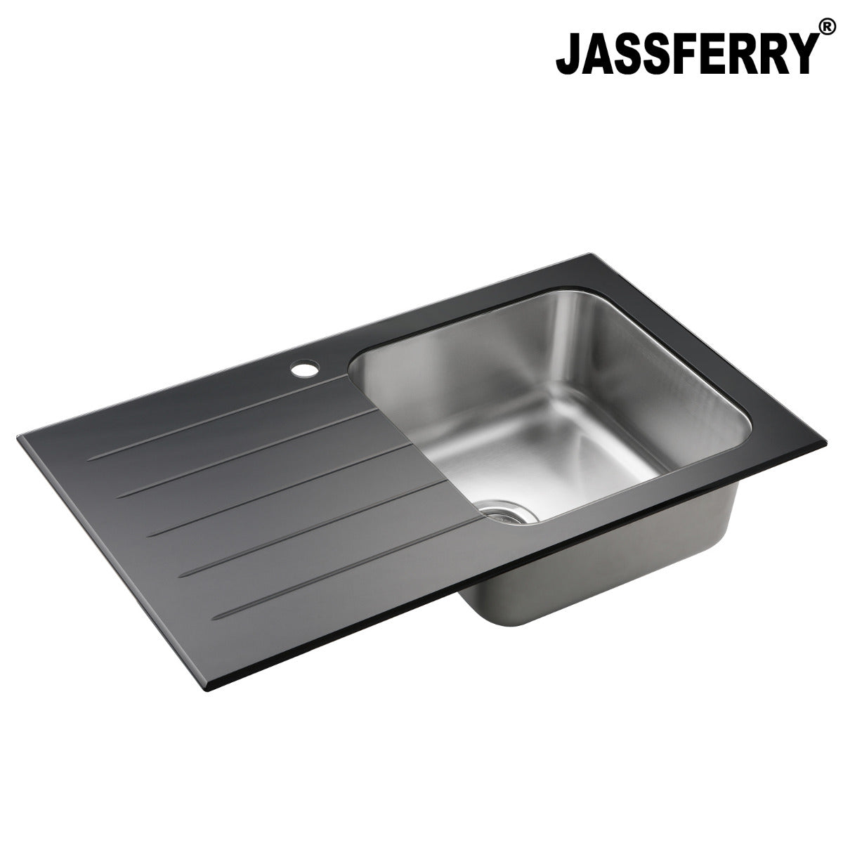 JassferryJASSFERRY Black Glass Top Kitchen Sink 1 Stainless Steel Bowl Lefthand Drainer-772brKitchen Sink