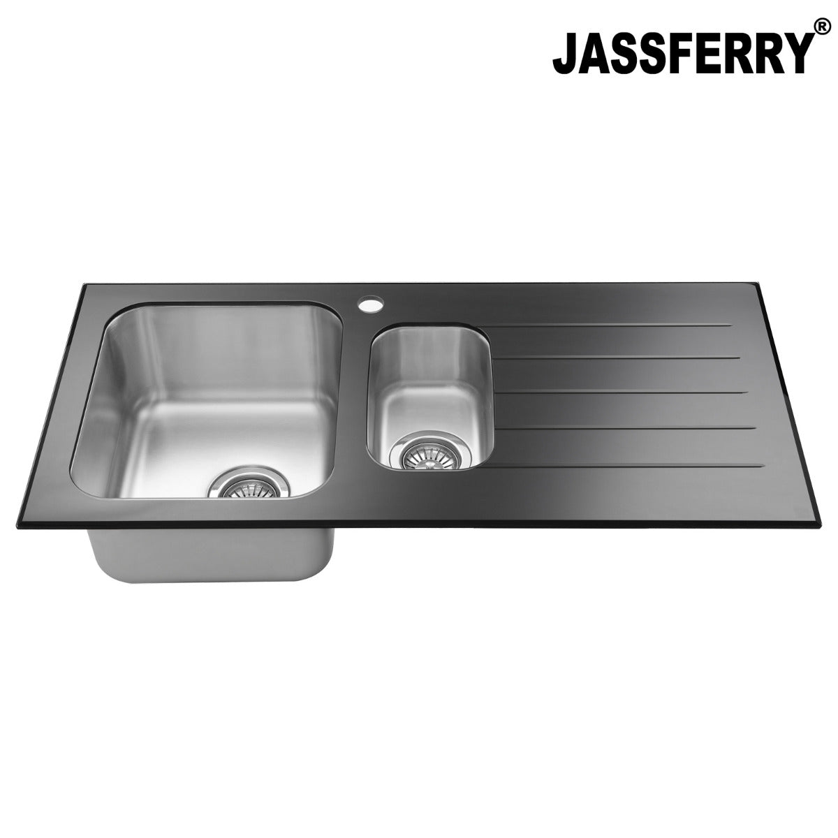 JassferryJASSFERRY Black Glass Top Kitchen Sink Stainless Steel 1.5 Bowl Righthand DrainerKitchen Sinks