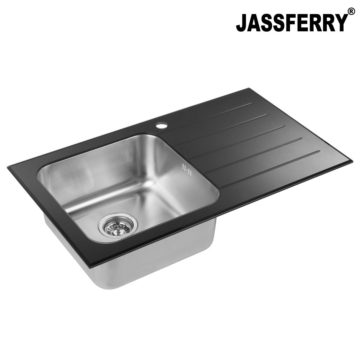 JassferryJASSFERRY Black Glass Top Kitchen Sink 1 Stainless Steel Bowl Righthand Drainer - 772BKitchen Sink