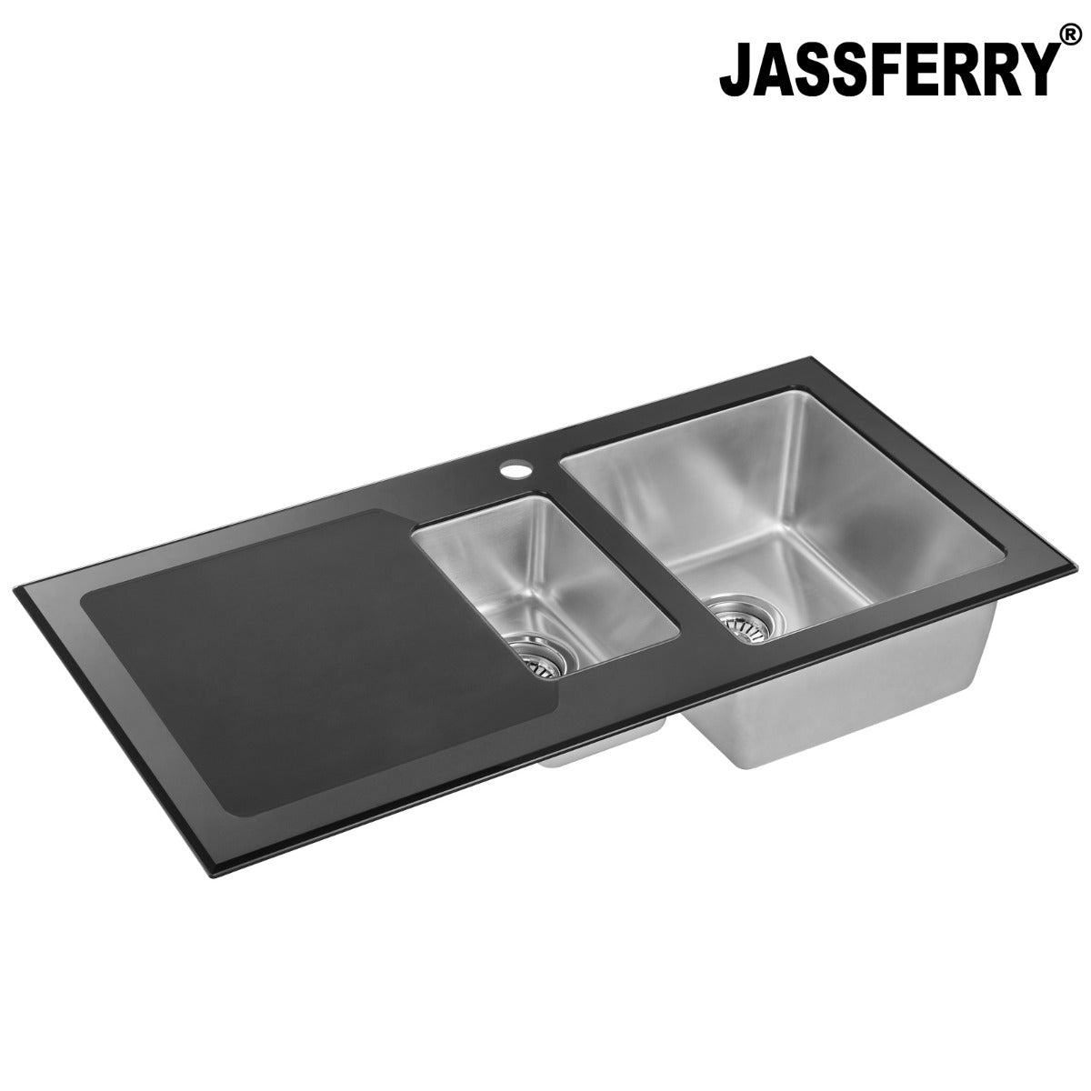 JassferryJASSFERRY White Glass Top Kitchen Sink Stainless Steel 1.5 Bowl Righthand DrainerKitchen Sinks